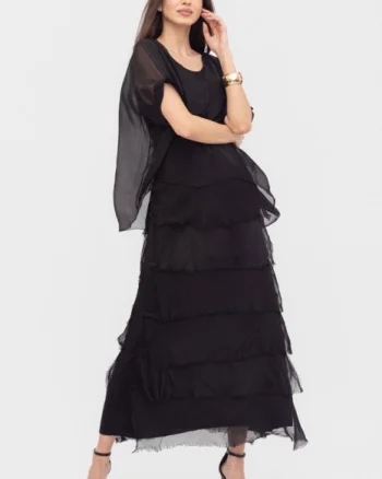 Rochie neagra din matase si vascoza cu  volane franjurate suprapuse