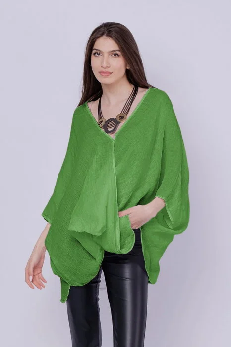 Bluza oversize petrecuta, din in, verde oliv