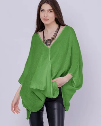 Bluza oversize petrecuta, din in, verde oliv