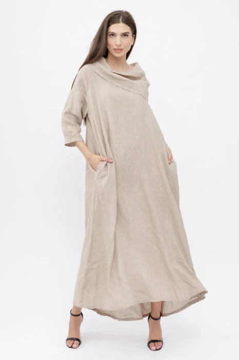Rochie maxi,  A-line, din in, cu guler amplu, bej