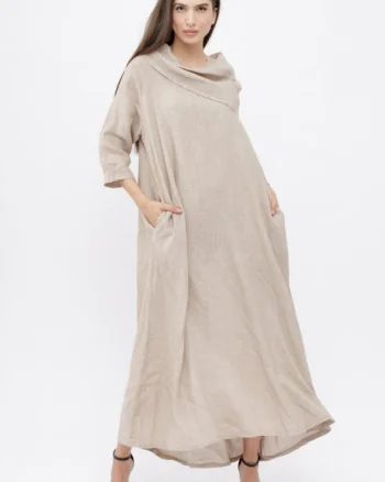 Rochie maxi,  A-line, din in, cu guler amplu, bej