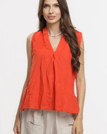 Bluza fara maneci din in cu decolteu si guler inalt, rosu tangerine