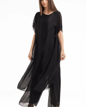 Compleu cu pantaloni lejeri si bluza fluida in colturi lungi, din matase si vascoza, negru