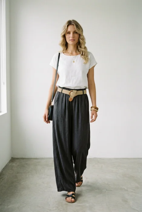 Pantaloni dama lejeri din tencel, cu talie elastica si curea, gri inchis
