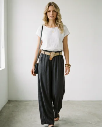 Pantaloni dama lejeri din tencel, cu talie elastica si curea, gri inchis