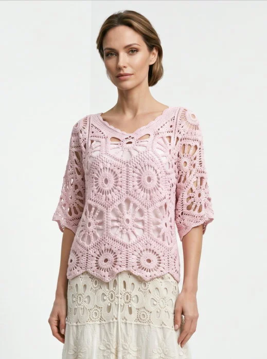 Bluza de vara cu broderie din bumbac, croi lejer, roz