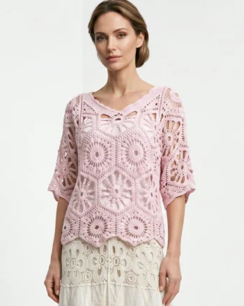 Bluza de vara cu broderie din bumbac, croi lejer, roz