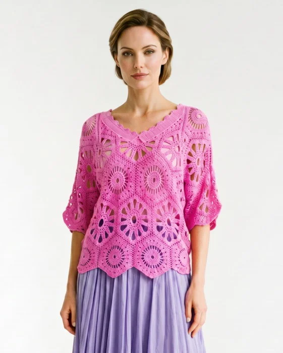 Bluza de vara cu broderie din bumbac, croi lejer, roz intens