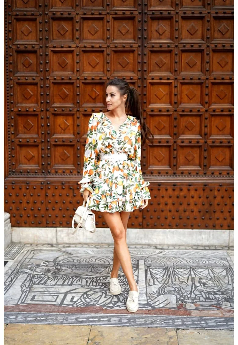 Rochie scurte din amestec de matase cu imprimeu, Alb/Verde/Galben
