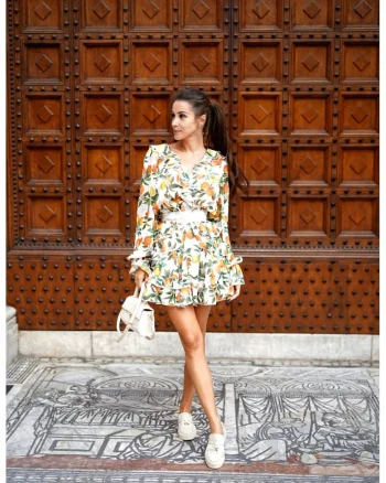 Rochie scurte din amestec de matase cu imprimeu, Alb/Verde/Galben