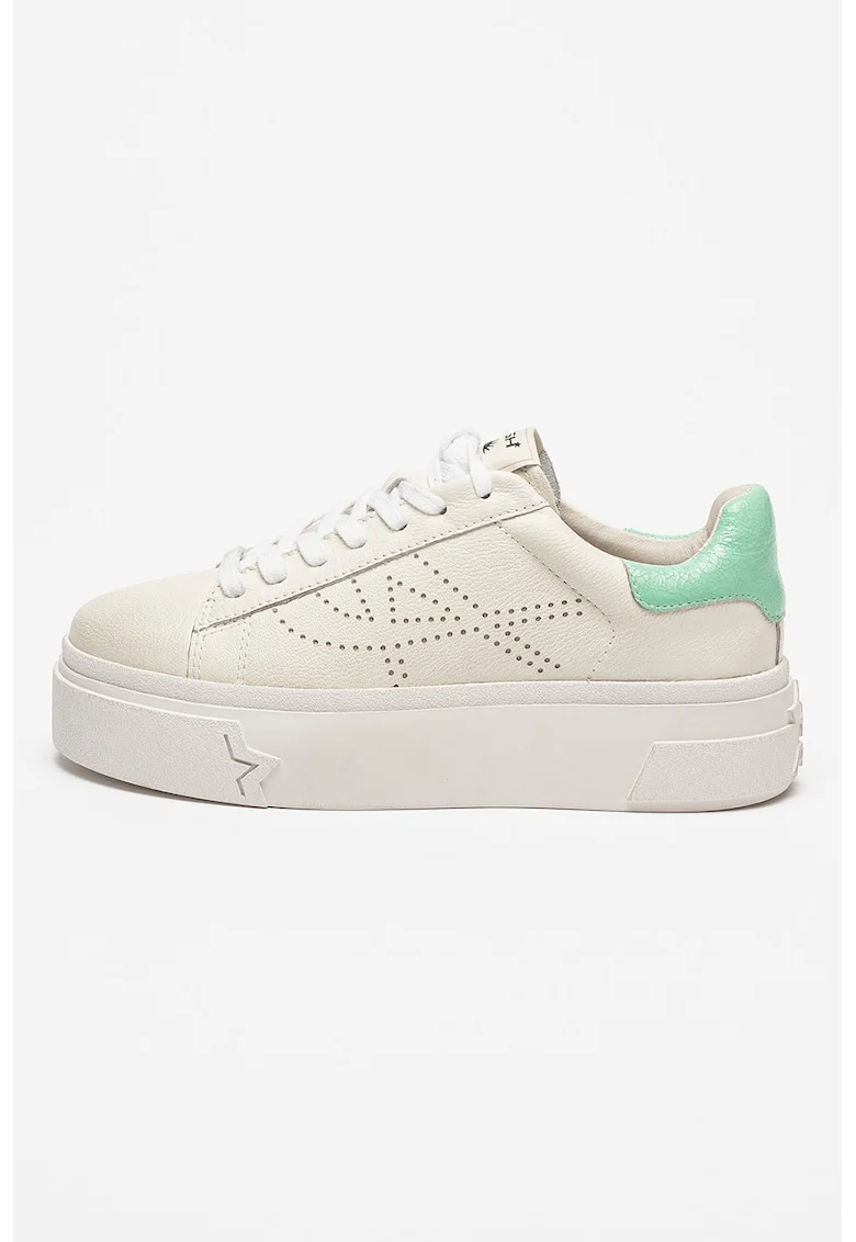 Pantofi sport flatform de piele cu logo cu perforatii Santana, Alb murdar/Verde menta