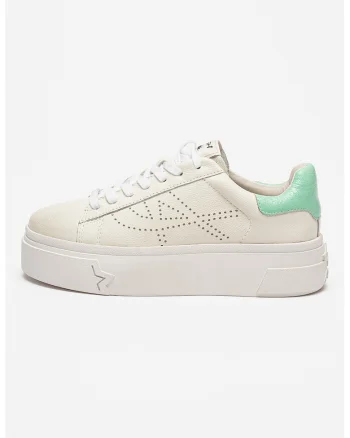 Pantofi sport flatform de piele cu logo cu perforatii Santana, Alb murdar/Verde menta