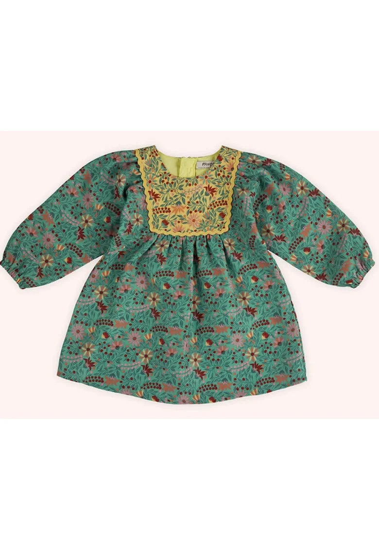 Rochie cu maneca lunga  - Retro Journey, Verde & Galben, pentru fetite, Verde/Galben