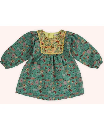 Rochie cu maneca lunga  - Retro Journey, Verde & Galben, pentru fetite, Verde/Galben