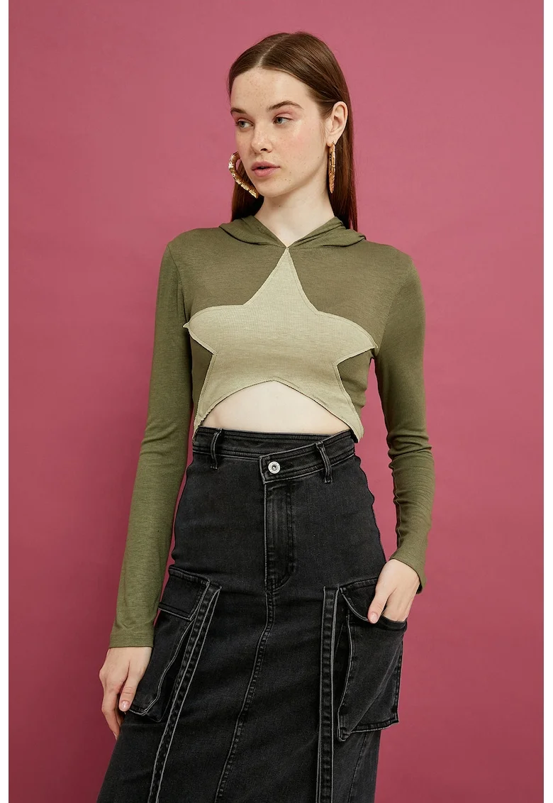 Hanorac crop cu aplicatie stea, Bej/Kaki
