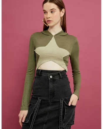 Hanorac crop cu aplicatie stea, Bej/Kaki