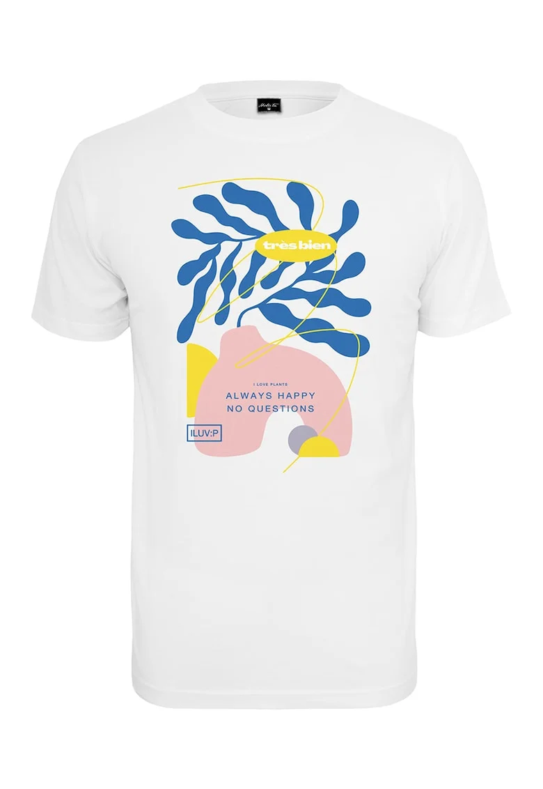 Tricou cu decolteu la baza gatului si imprimeu grafic, Alb/Albastru