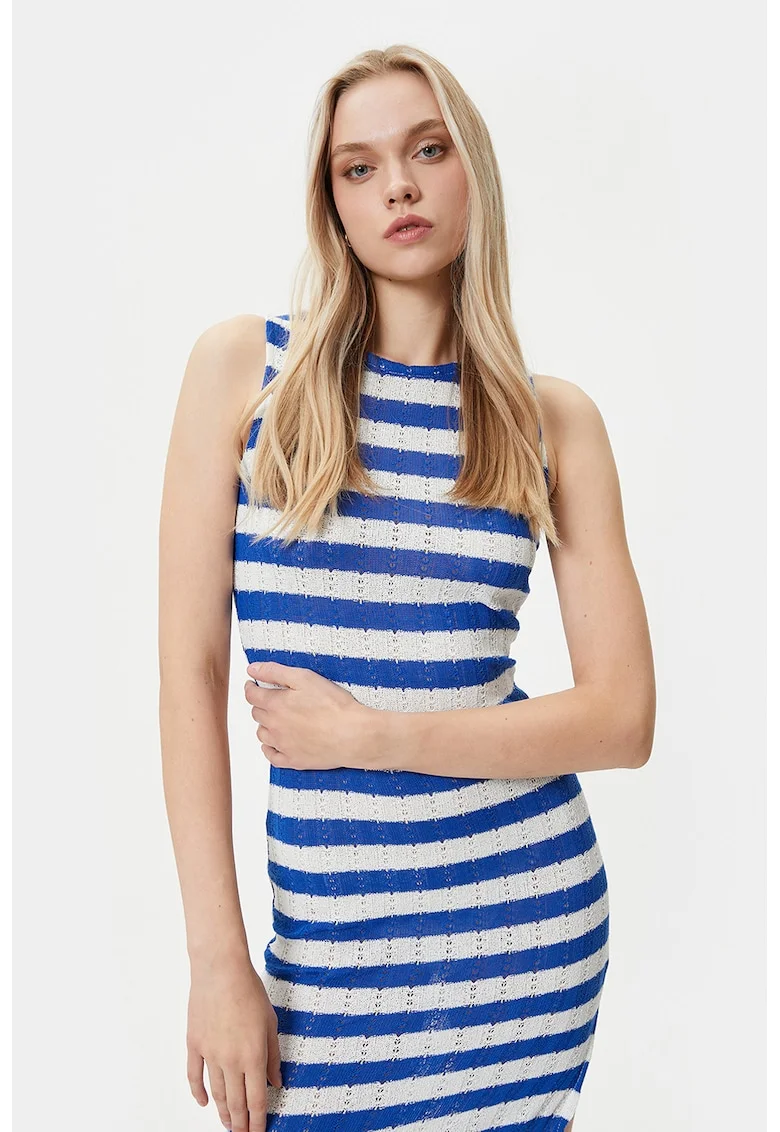 Rochie cu dungi si slit lateral, Alb/Albastru