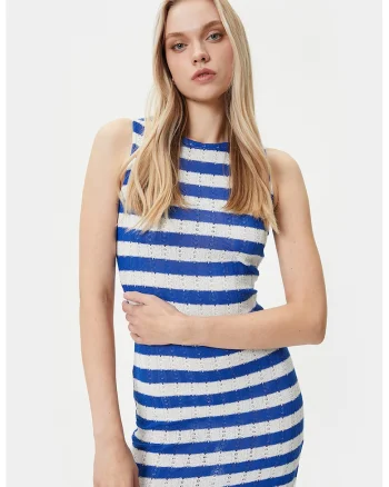 Rochie cu dungi si slit lateral, Alb/Albastru