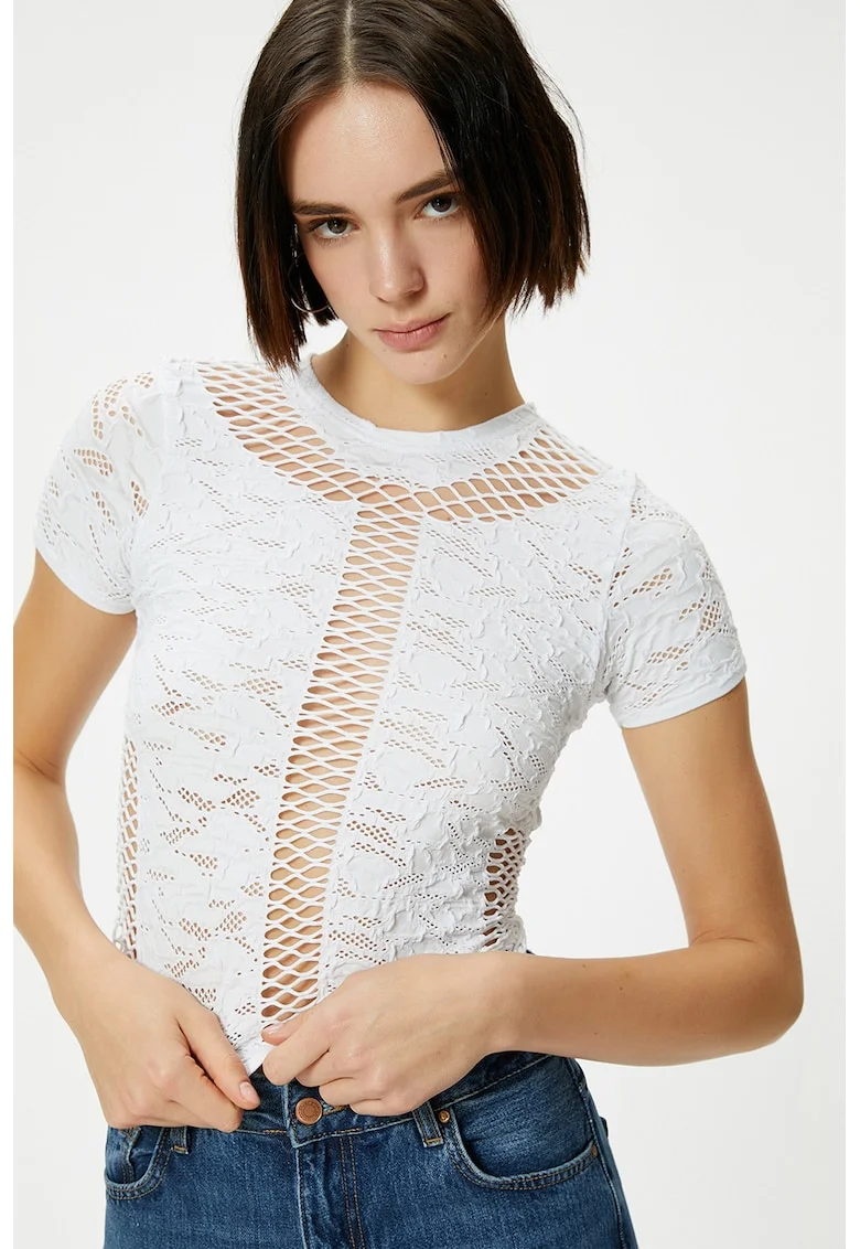 Tricou crop cu broderie, Alb