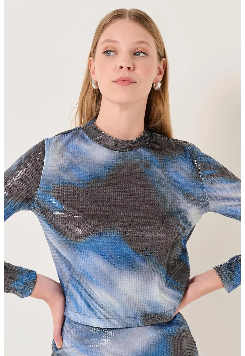 Bluza cu model tie-dye si paiete, Alb/Negru/Albastru