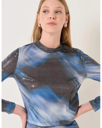 Bluza cu model tie-dye si paiete, Alb/Negru/Albastru