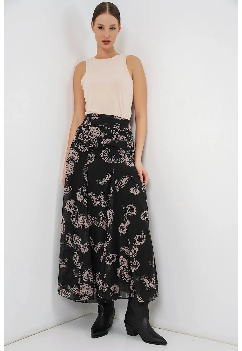 Fusta maxi  talie inalta, imprimeu Paisley, poliester, Negru