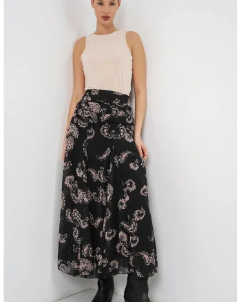 Fusta maxi  talie inalta, imprimeu Paisley, poliester, Negru
