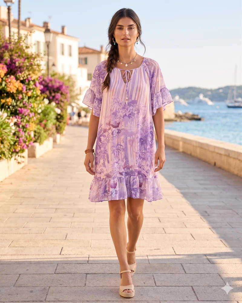 Rochie vaporoasă florală cu volan și mâneci 3/4 lila - Unica S-L