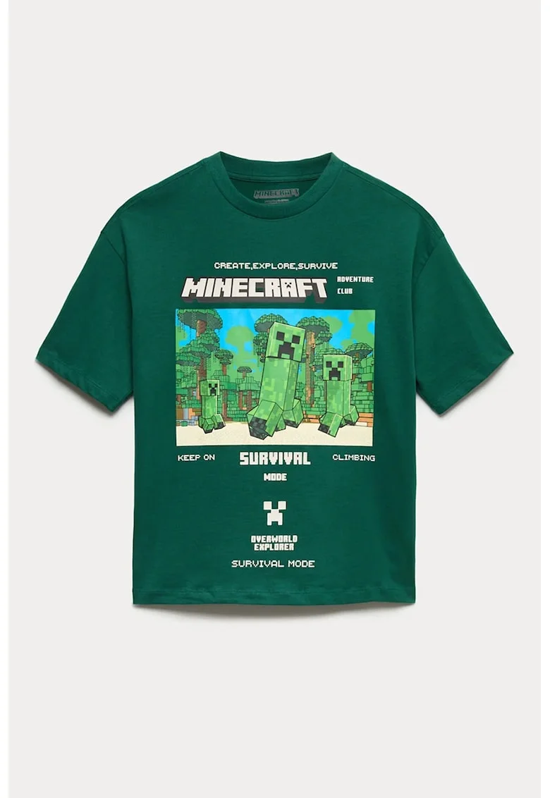 Tricou cu decolteu la baza gatului si imprimeu grafic, Verde inchis