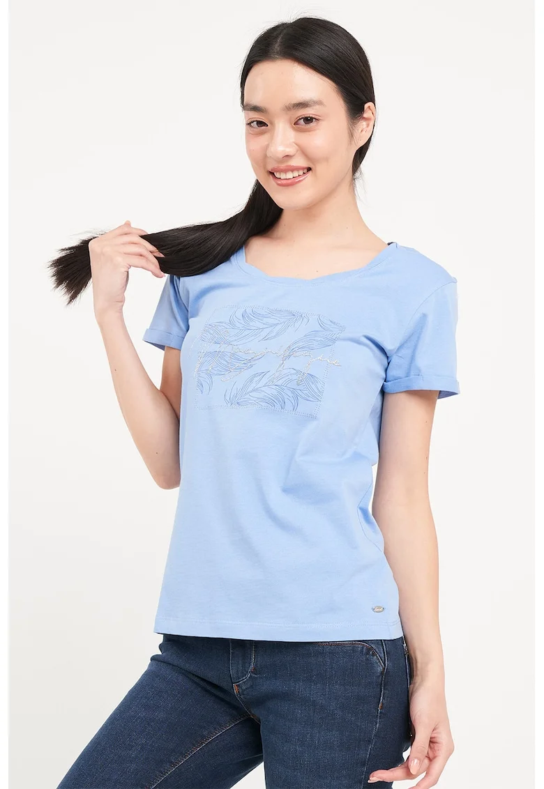 Tricou cu imprimeu si decolteu rotund, Albastru pastel