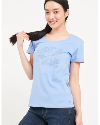 Tricou cu imprimeu si decolteu rotund, Albastru pastel