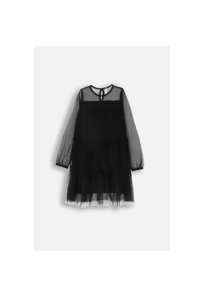 Rochie din tul,  MYSTIC NATURE GIRL, maneci lungi, volane, negru, poliester