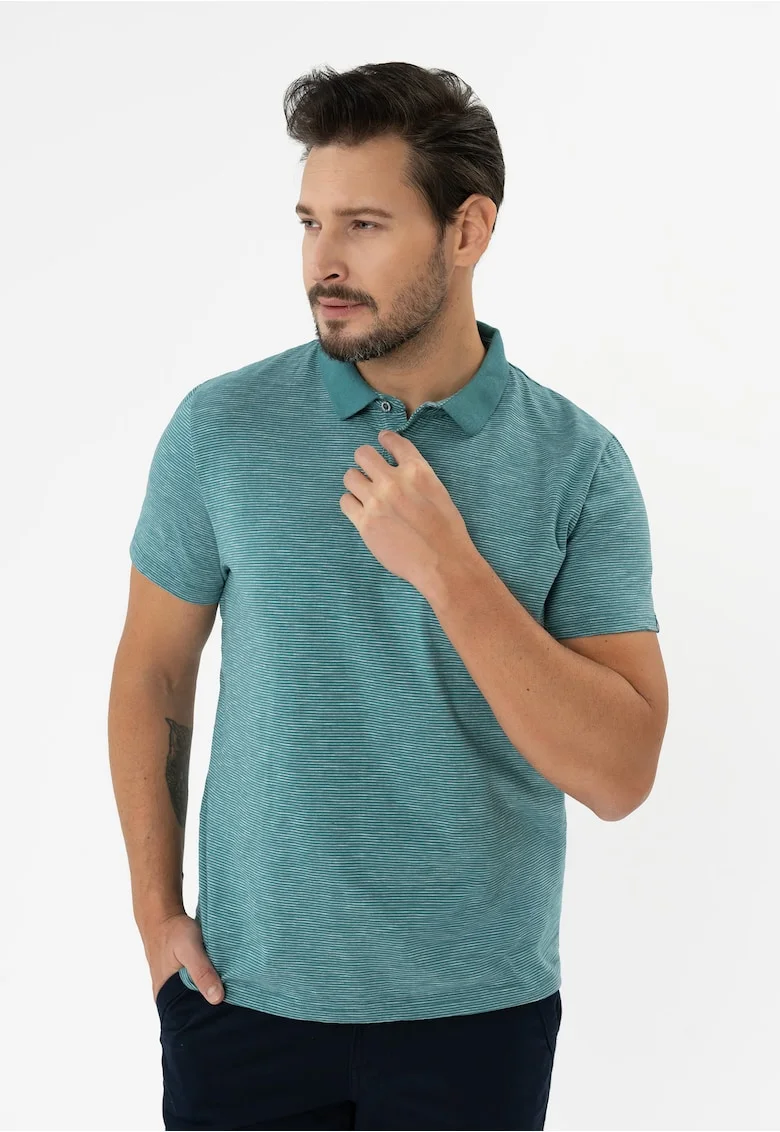 Tricou polo barbati cu dungi din bumbac, Regular Fit,  O-Mango, turcoaz, Turcoaz