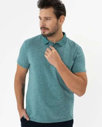 Tricou polo barbati cu dungi din bumbac, Regular Fit,  O-Mango, turcoaz, Turcoaz