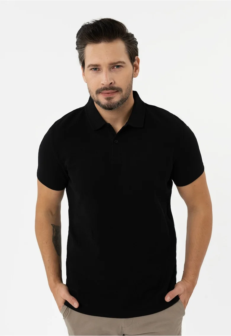 Tricou polo barbati din bumbac, uni, Regular Fit,  O-Damson, negru, Negru