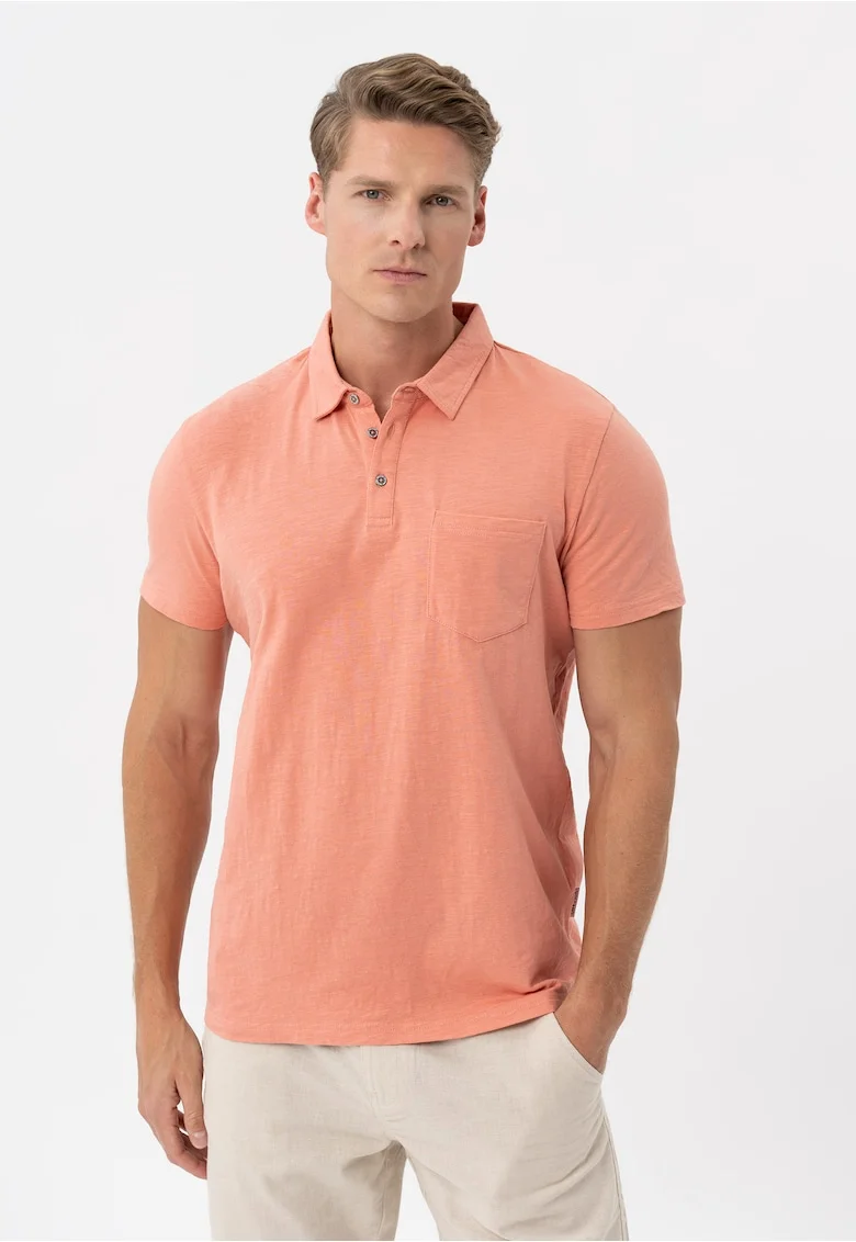 Tricou polo barbati din bumbac, cu buzunar pe piept, uni, Regular Fit,  o-Chili, piersica, Piersica