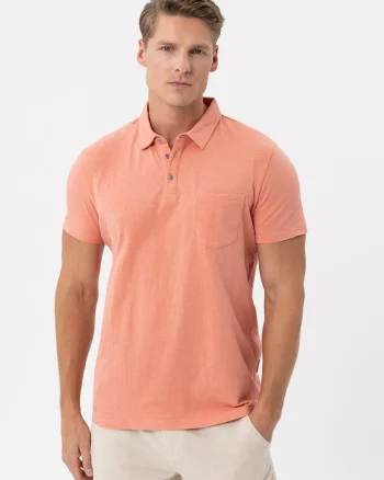 Tricou polo barbati din bumbac, cu buzunar pe piept, uni, Regular Fit,  o-Chili, piersica, Piersica