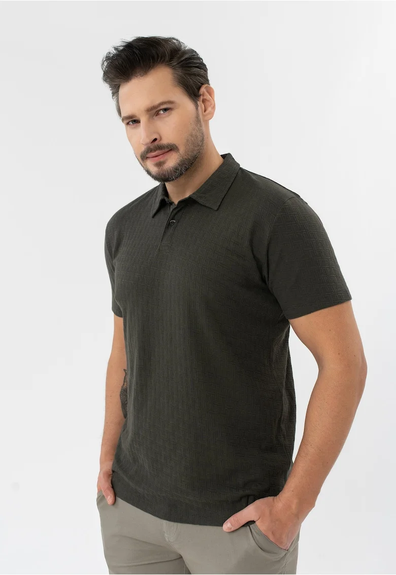 Tricou polo barbati din bumbac cu model geometric, Regular Fit,  O-Larix, kaki, Kaki