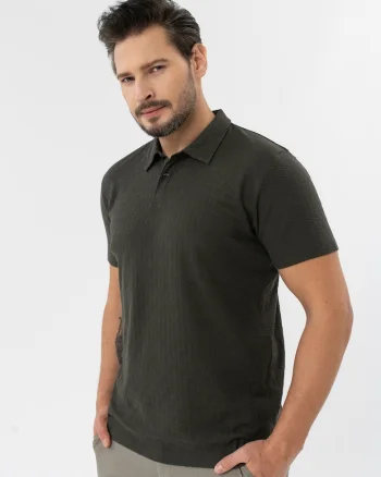 Tricou polo barbati din bumbac cu model geometric, Regular Fit,  O-Larix, kaki, Kaki