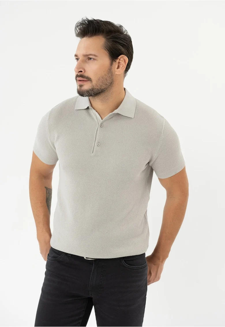 Tricou polo barbati din bumbac, tricotat,  O-Lizar, gri melange, Gri melange