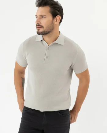 Tricou polo barbati din bumbac, tricotat,  O-Lizar, gri melange, Gri melange