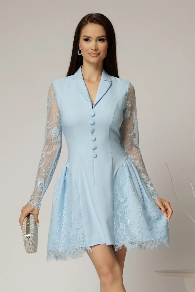 Rochie scurta bleu cu maneci din dantela si nasturi decorativi
