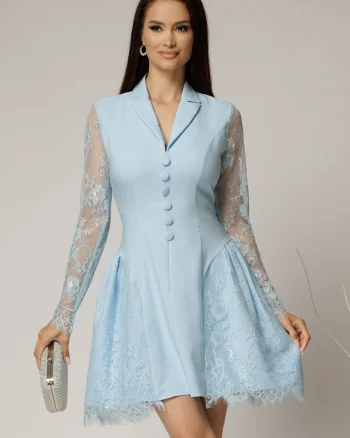 Rochie scurta bleu cu maneci din dantela si nasturi decorativi
