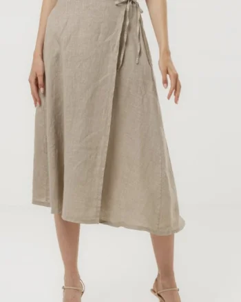 Fusta midi in stil petrecut din in, bej