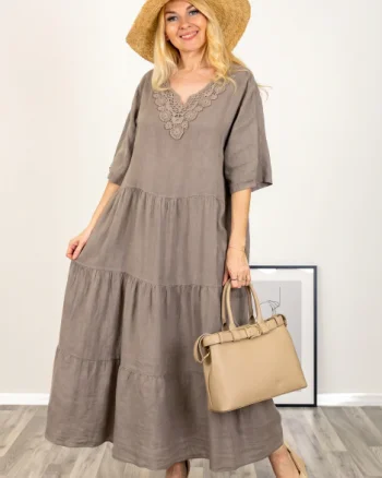Rochie oversize cu volane si broderie la decolteu, din in bej inchis