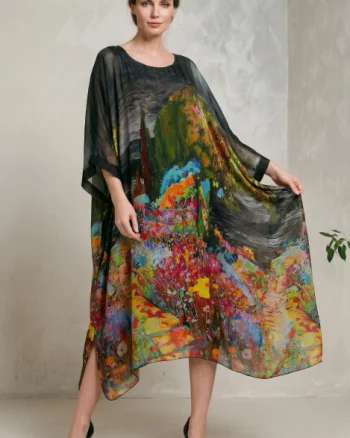 Rochie lunga dama din matase vaporoasa, croi lejer oversize tip kaftan, imprimeu pictural pe fond negru
