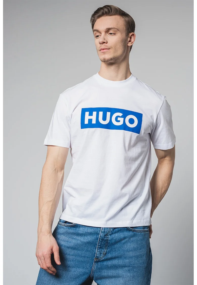 Tricou cu decolteu la baza gatului si imprimeu logo Nico, Alb/Albastru