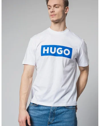 Tricou cu decolteu la baza gatului si imprimeu logo Nico, Alb/Albastru