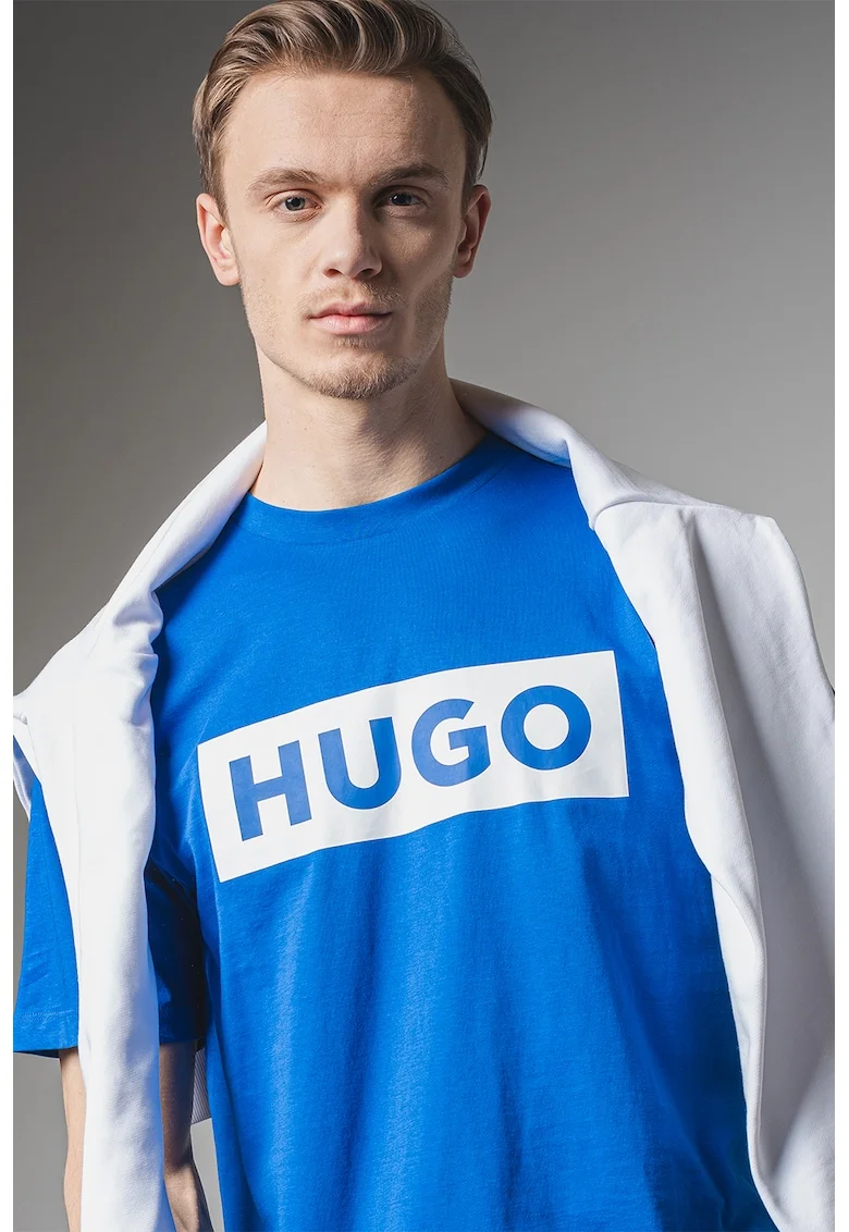 Tricou cu decolteu la baza gatului si imprimeu logo Nico, Alb/Albastru royal